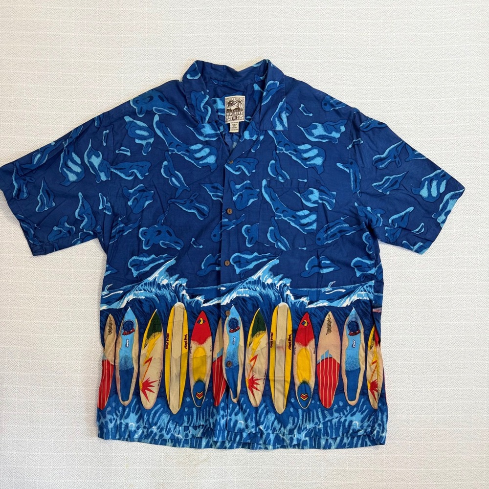 Steve & Barrys Classic Hawaiian Shirt XXL Mens Blue Cotton Surfboard Print Camp